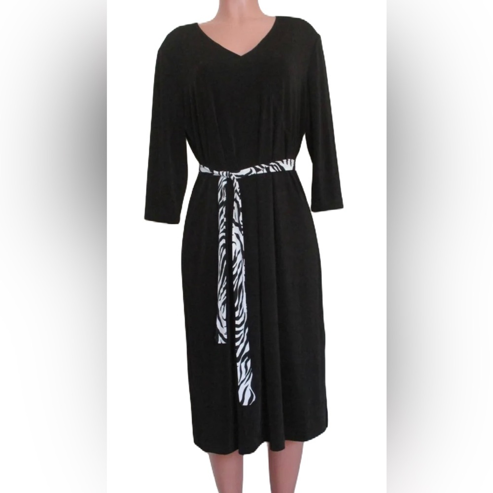 Womens Vintage Midi Dress Sz M Long Sleeve Pullover Zebra Tie Stretch Black 90s